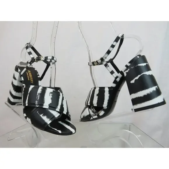 NIB BURBERRY CASTLEBAR BLACK WHITE LEATHER BUCKLE STRAP SANDAL PUMPS 38 ITALY
